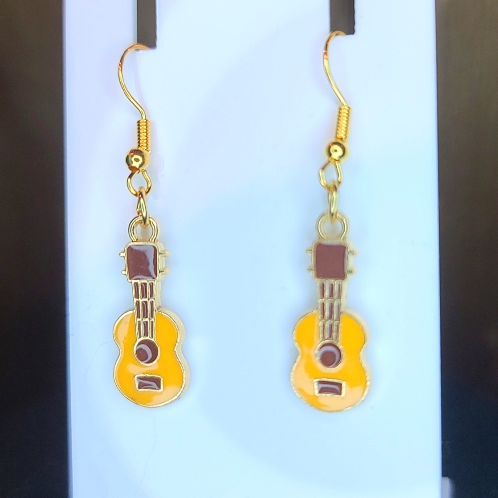 GUITAR EARRINGS dangle goldtone metal in brown, tan NWT